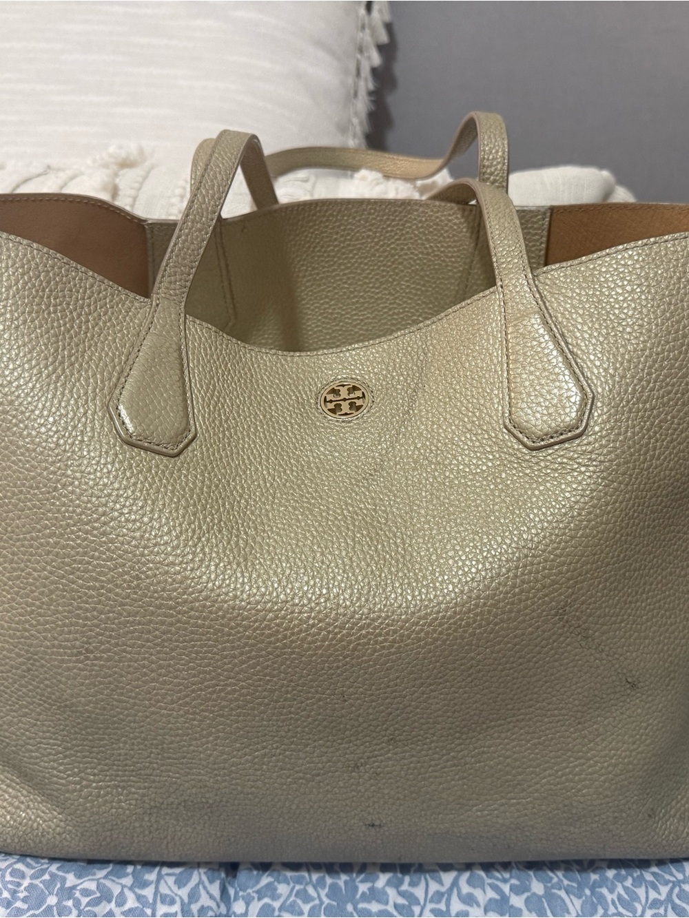 Tory Burch Champagne Metallic Pebbled Leather Tote